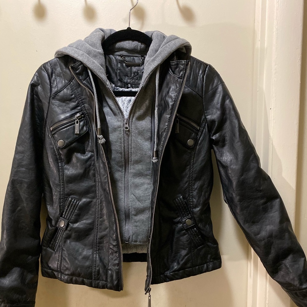 J2 Black Leather jacket with removable hood